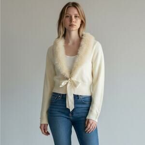 One Step Up Cardigan Small Beige Faux Fur Collar Bow Tie Pearl Cuff Cropped